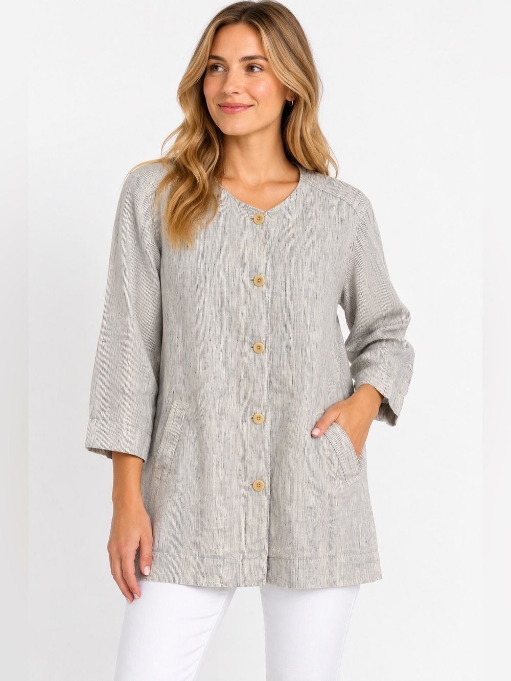 Eileen Fisher Slub Stripe Organic Linen Jacket Size Mediumβlagenlook relaxed